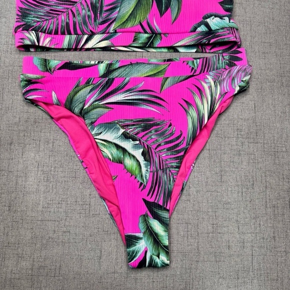 Tropical Leaf Print Ribbed Cheeky Bikini Set Hot Pink Green Medium - Picture 6 of 12